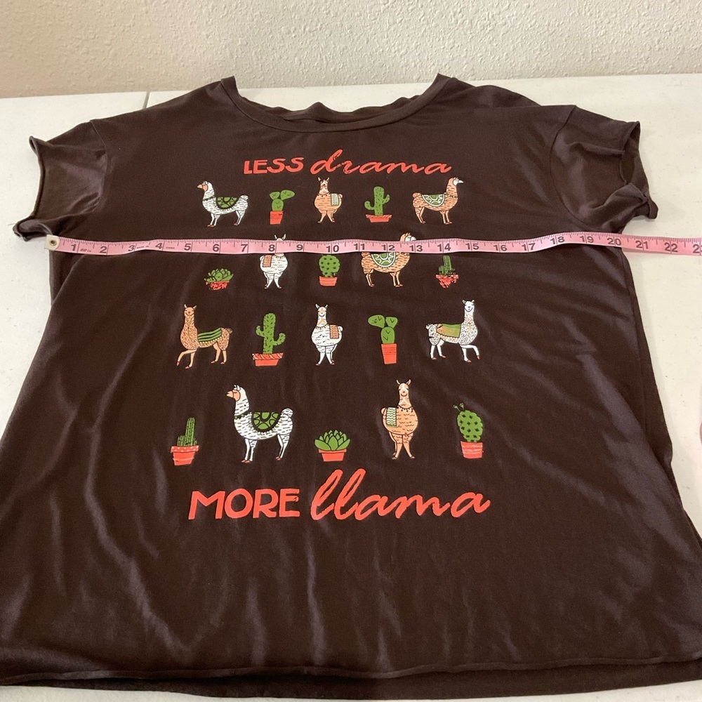 Cruel Denim Graphic Tee Stretch “Less Drama More Llama” Brown Raw Hem Size L - Picture 3 of 9